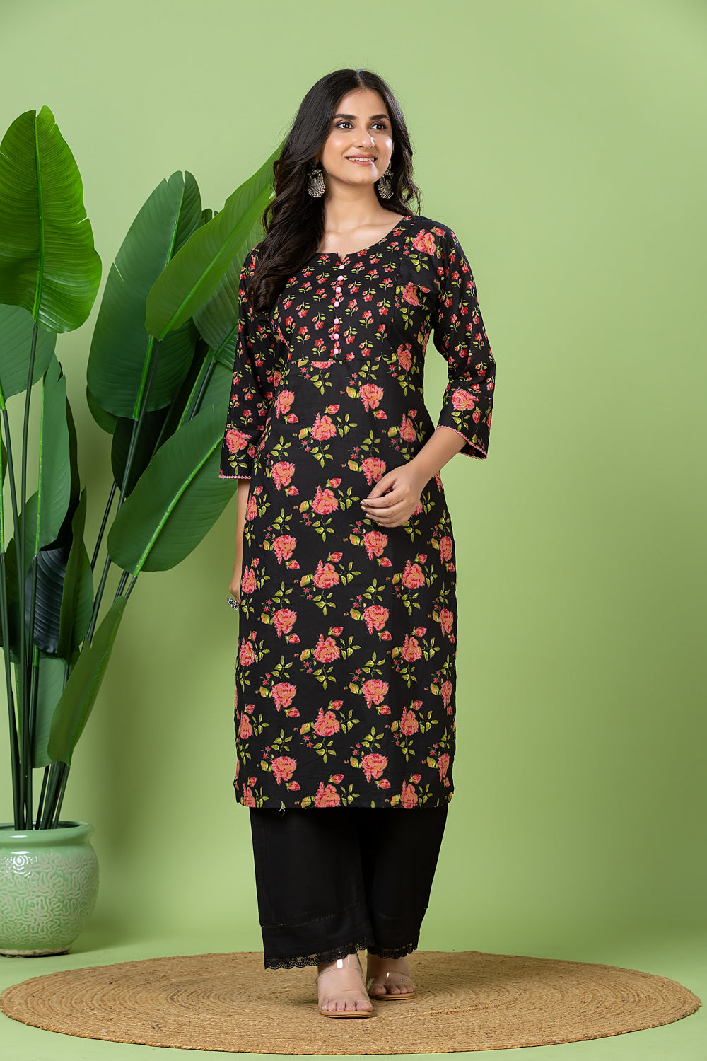 Black & Pink Floral Print Kurta