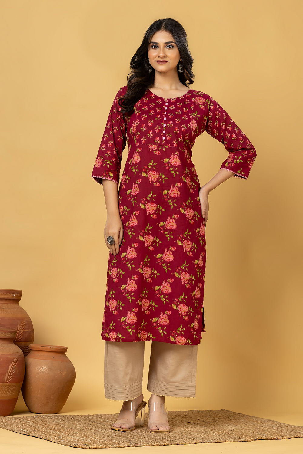 Red Purple & Pink Floral Print Kurta