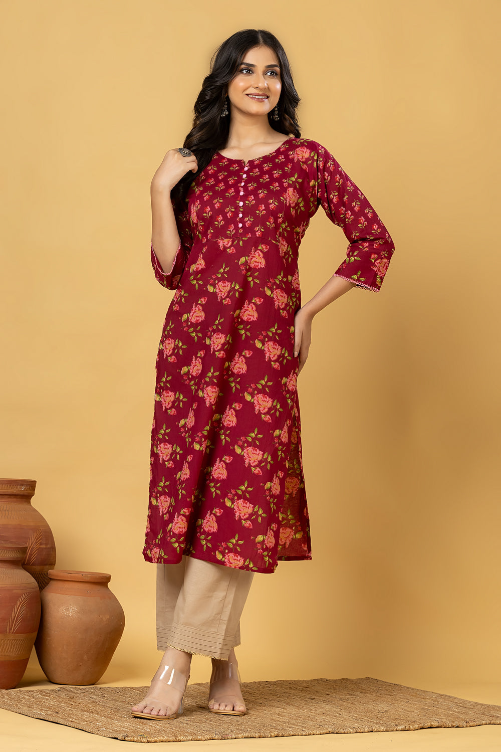 Red Purple & Pink Floral Print Kurta