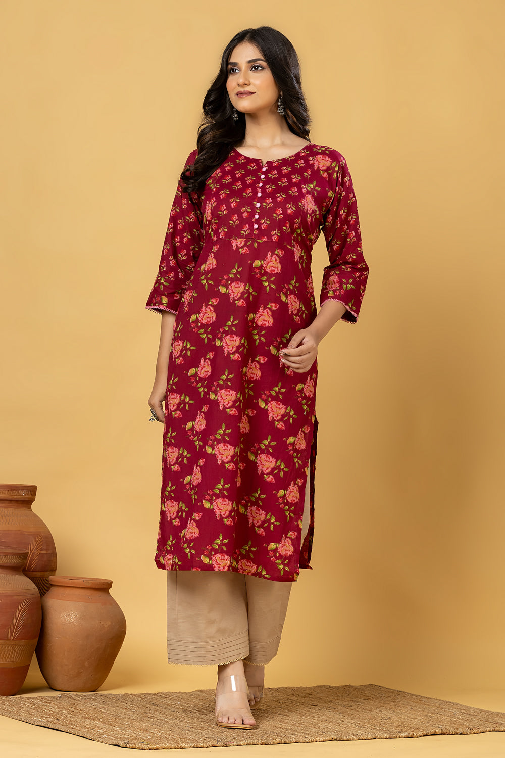 Red Purple & Pink Floral Print Kurta