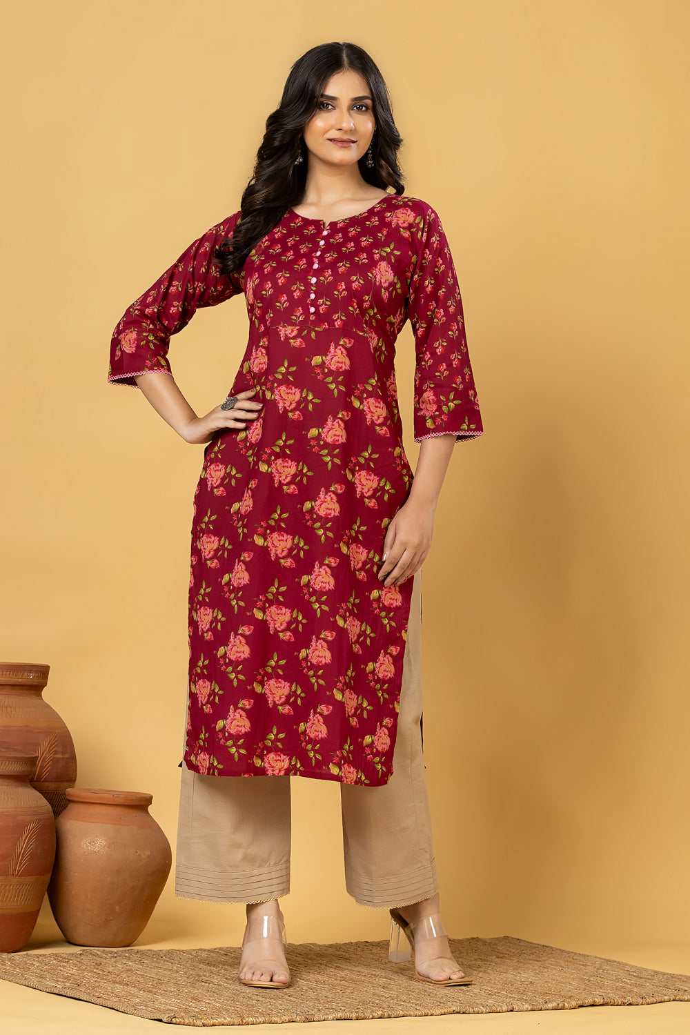 Red Purple & Pink Floral Print Kurta