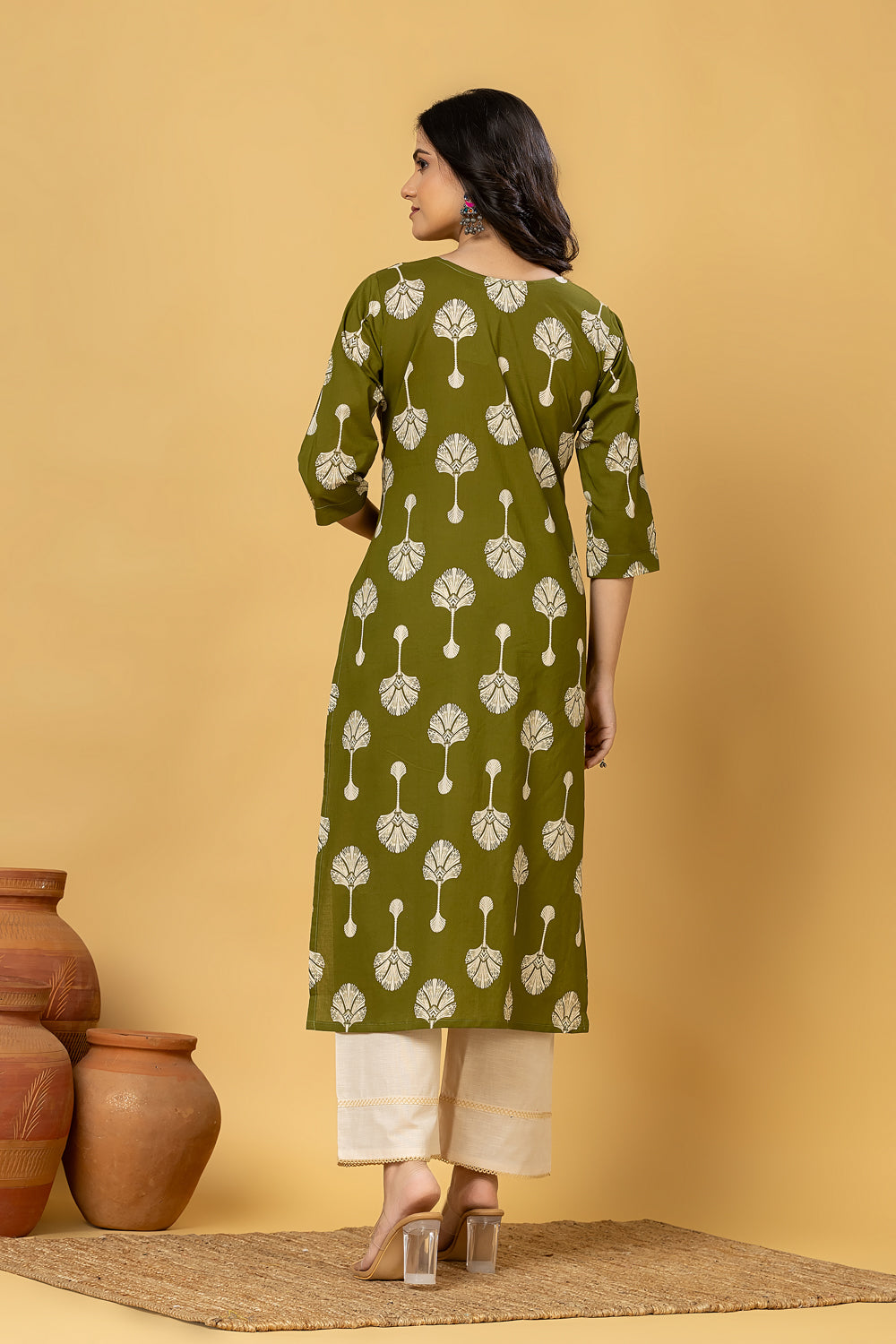 Olive Green leaf Print Kurta