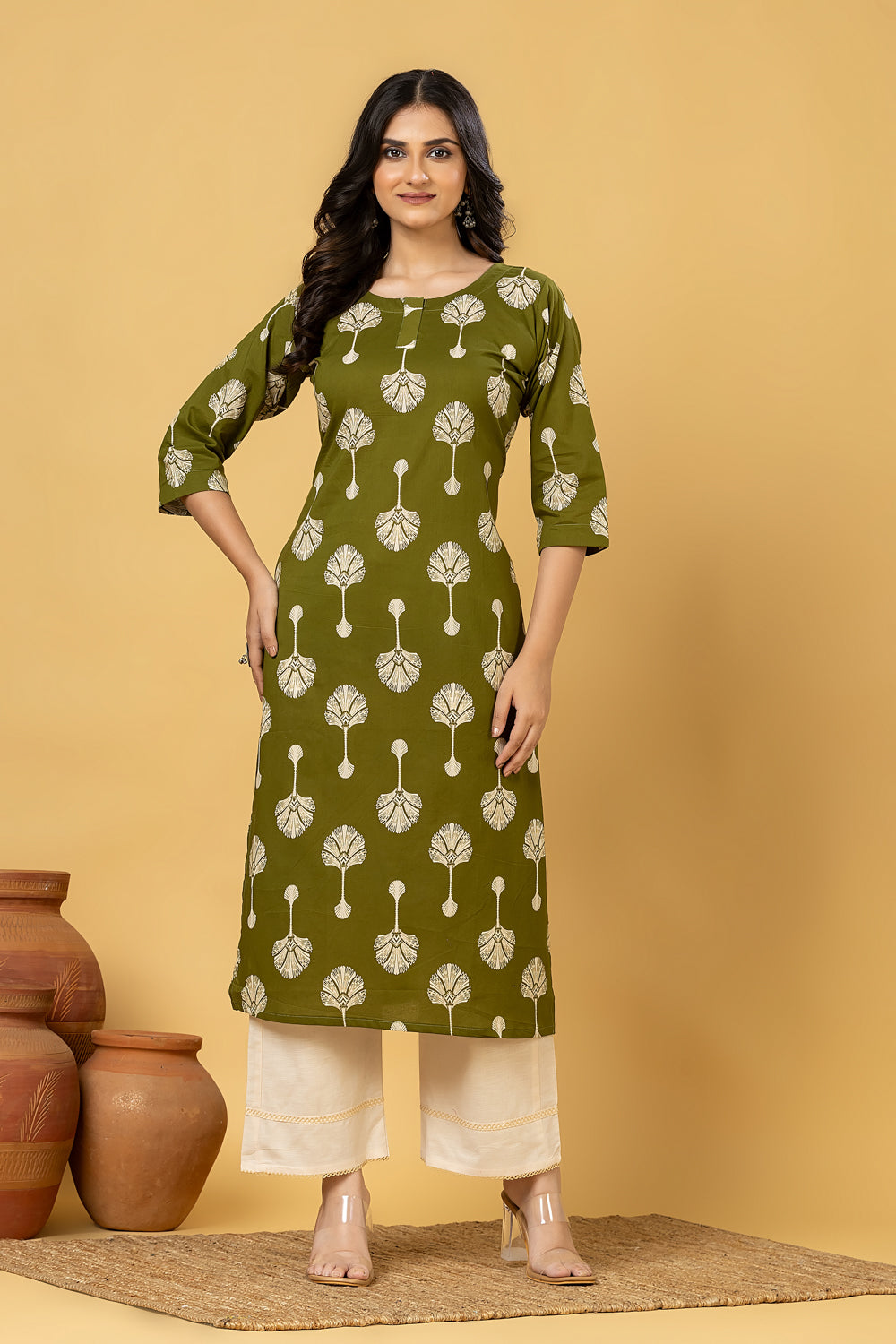 Olive Green leaf Print Kurta