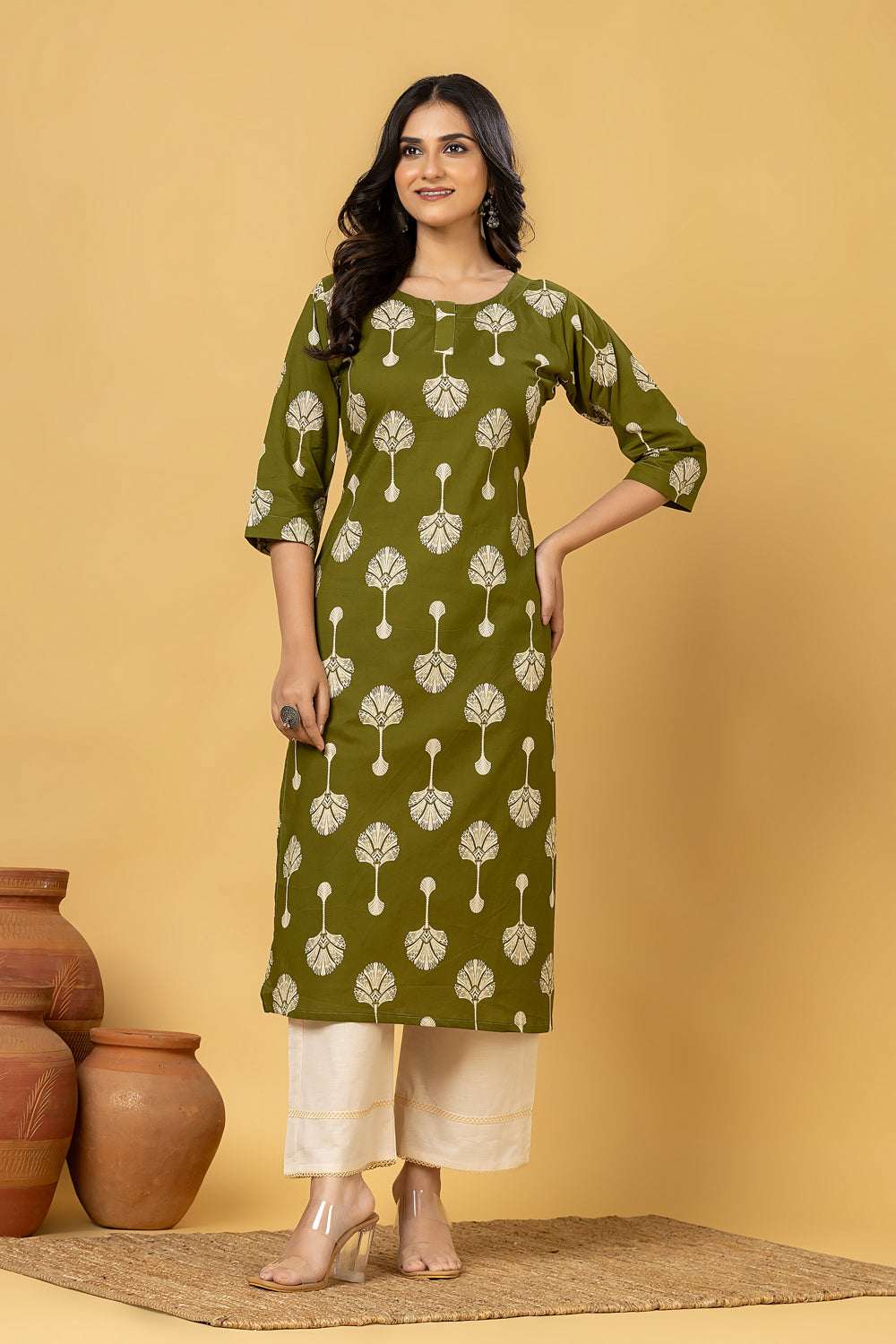 Olive Green leaf Print Kurta