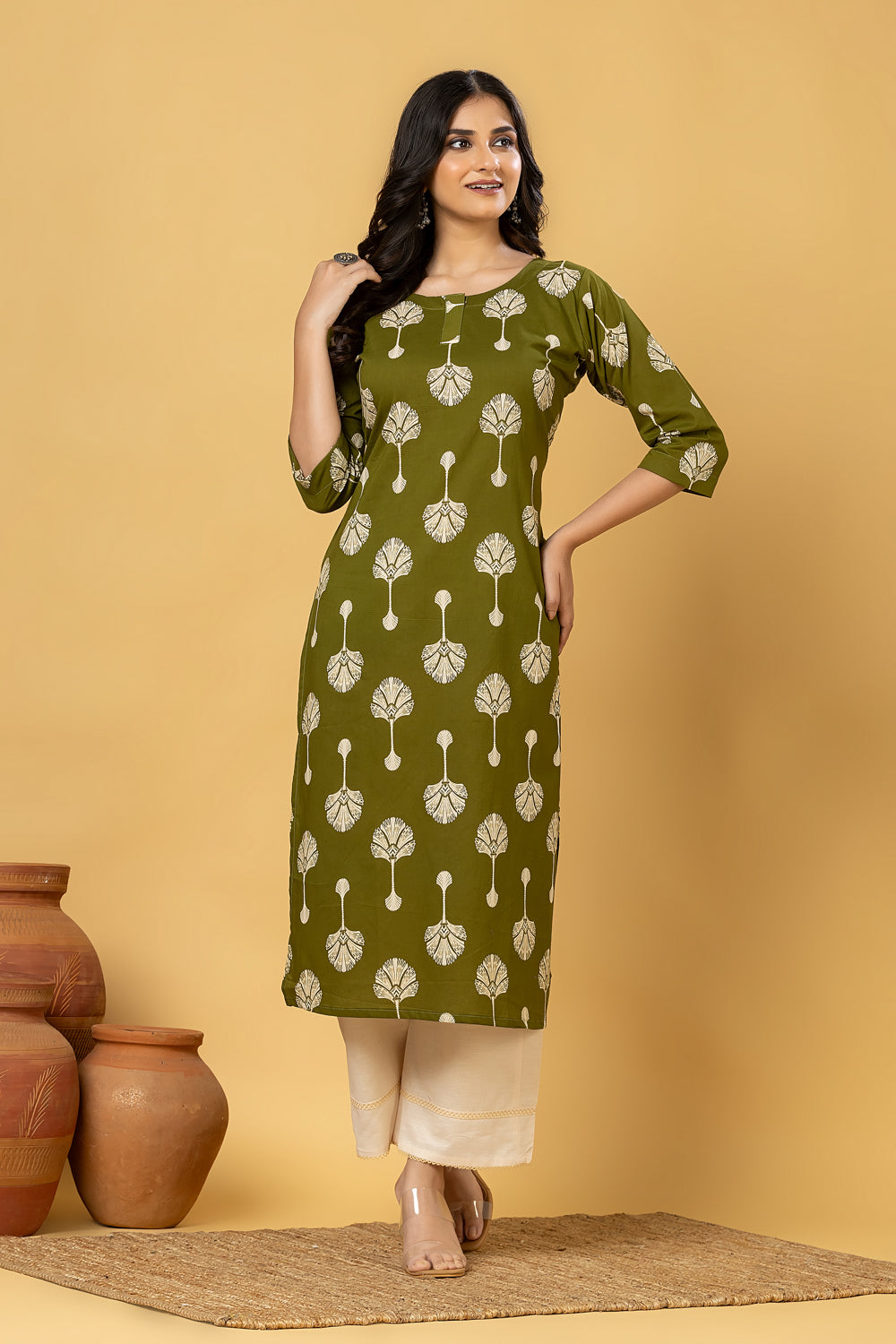 Olive Green leaf Print Kurta