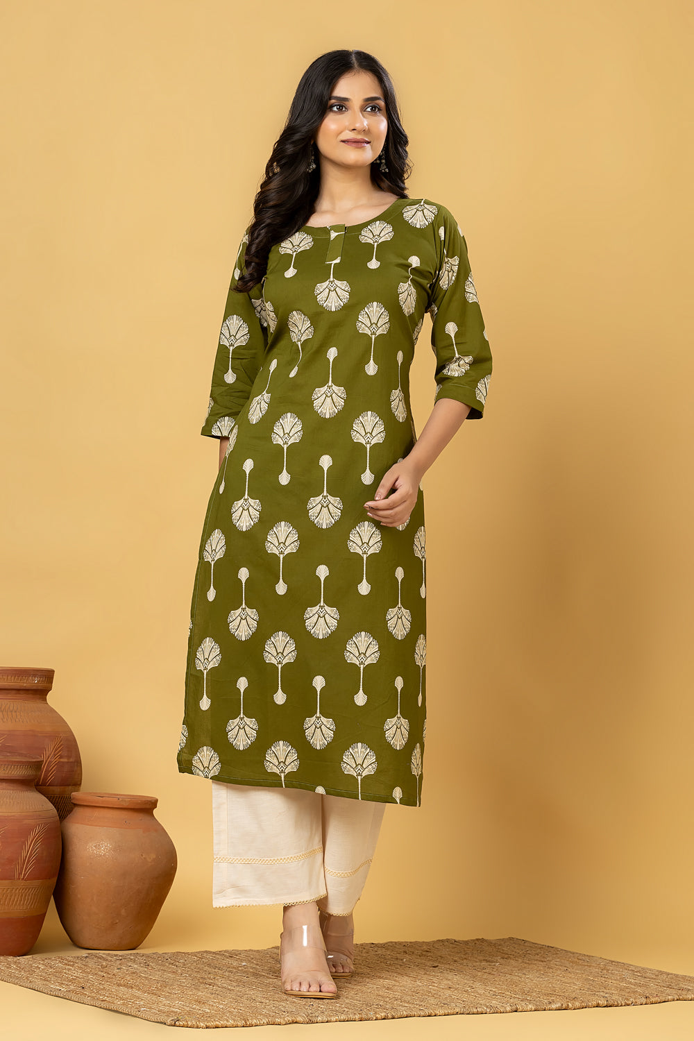 Olive Green leaf Print Kurta