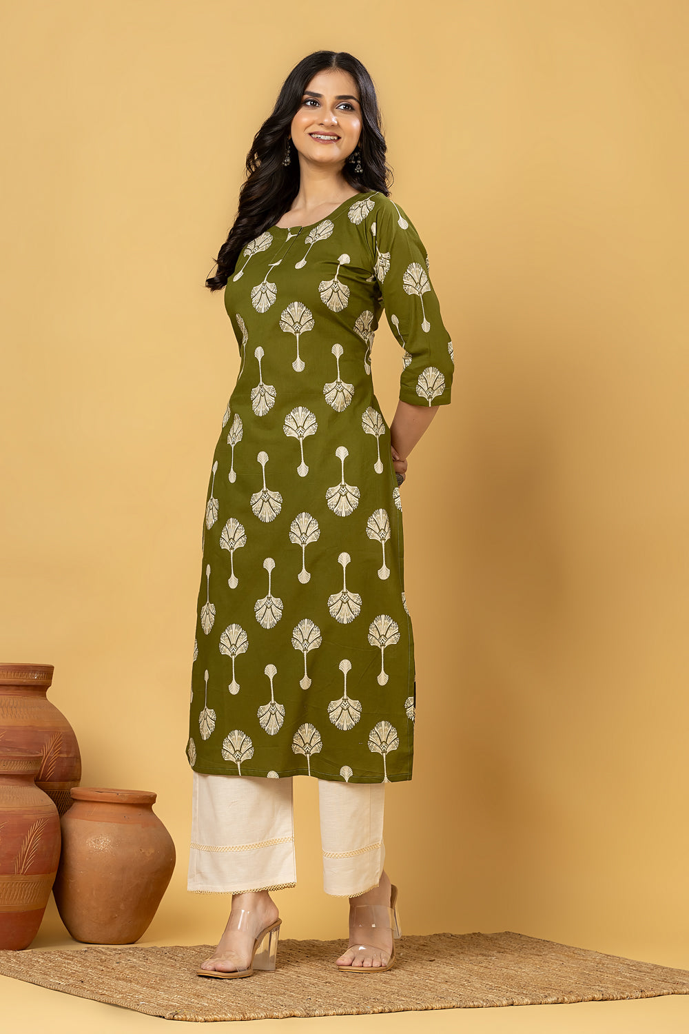 Olive Green leaf Print Kurta