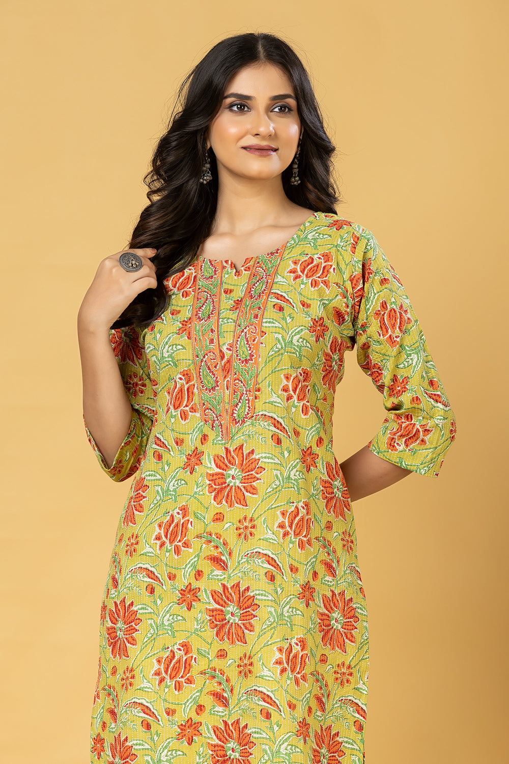 Green & Orange Floral Print Threadwork Kurta