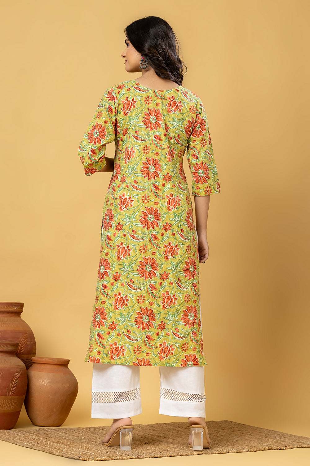 Green & Orange Floral Print Threadwork Kurta