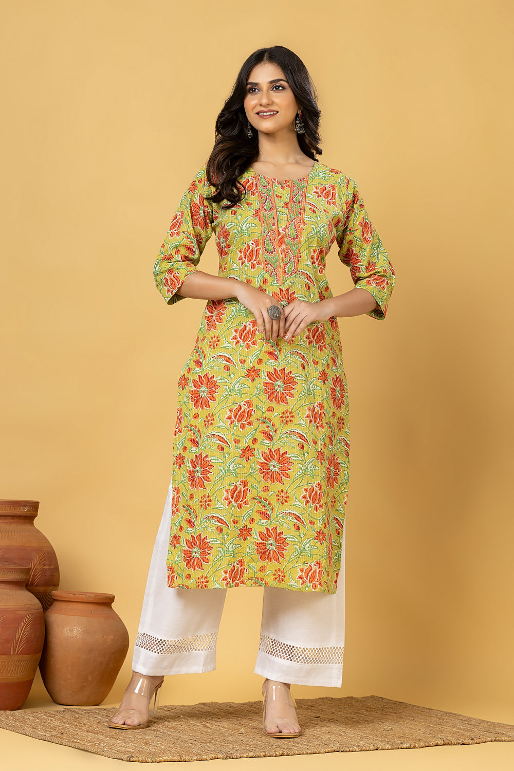 Green & Orange Floral Print Threadwork Kurta