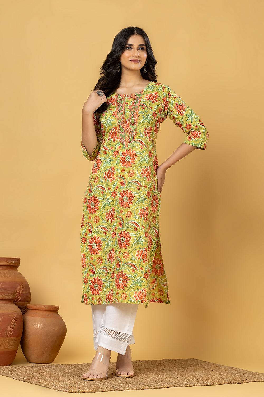 Green & Orange Floral Print Threadwork Kurta