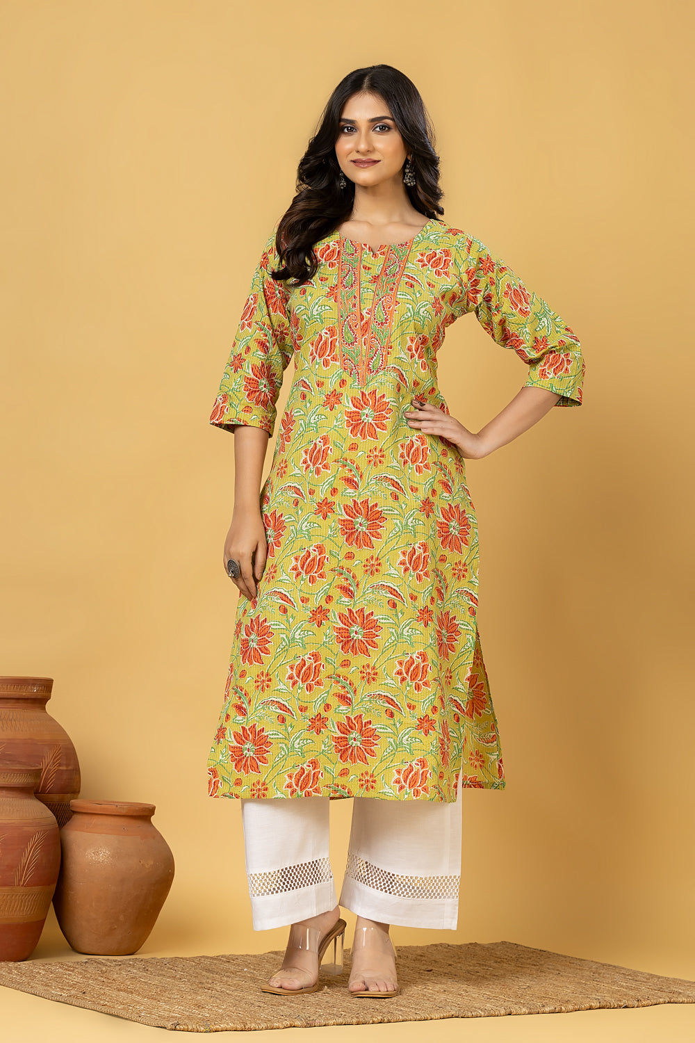 Green & Orange Floral Print Threadwork Kurta