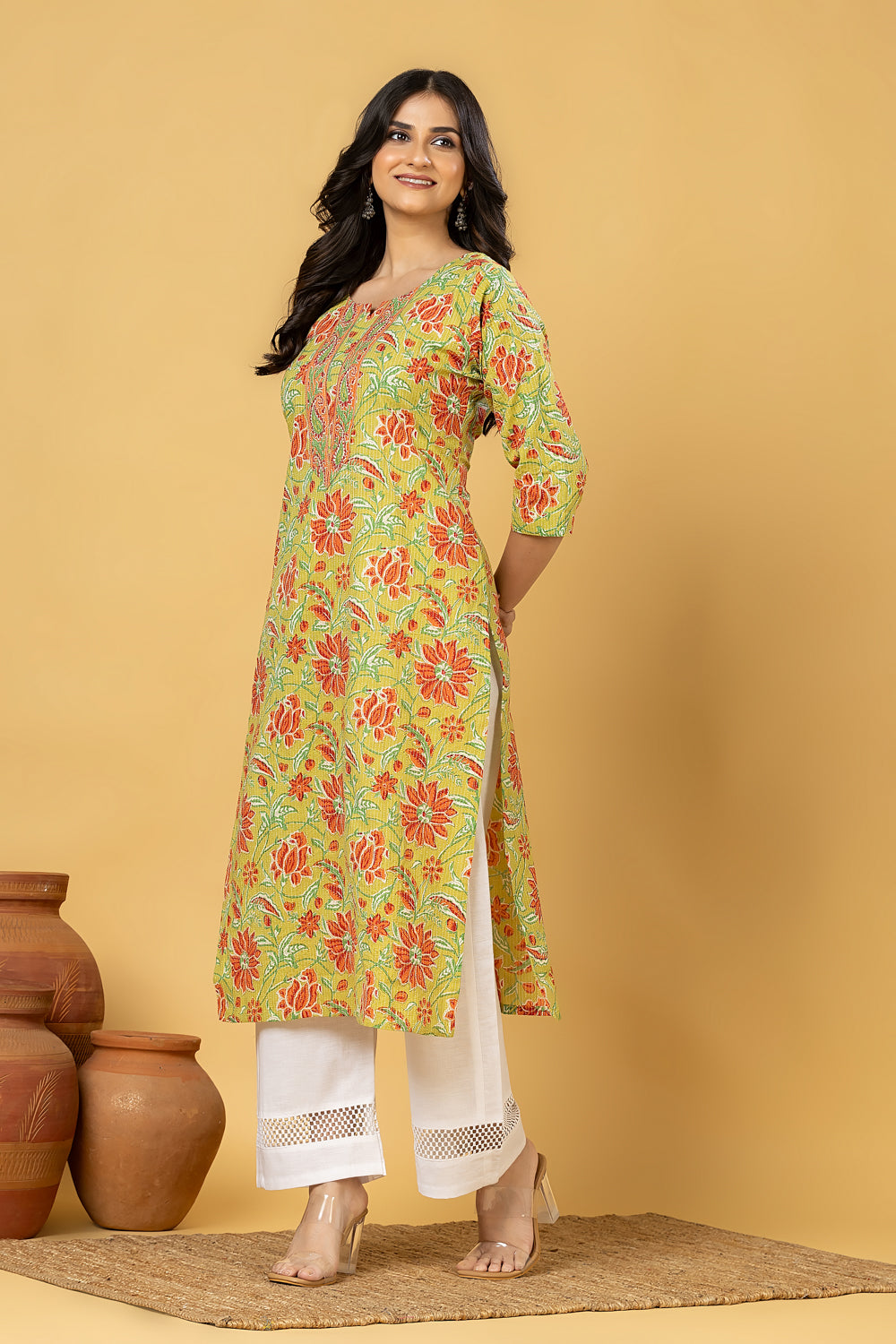 Green & Orange Floral Print Threadwork Kurta