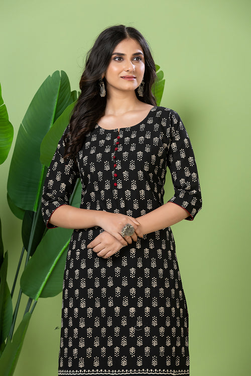 Black Floral Print Schiffli Kurta