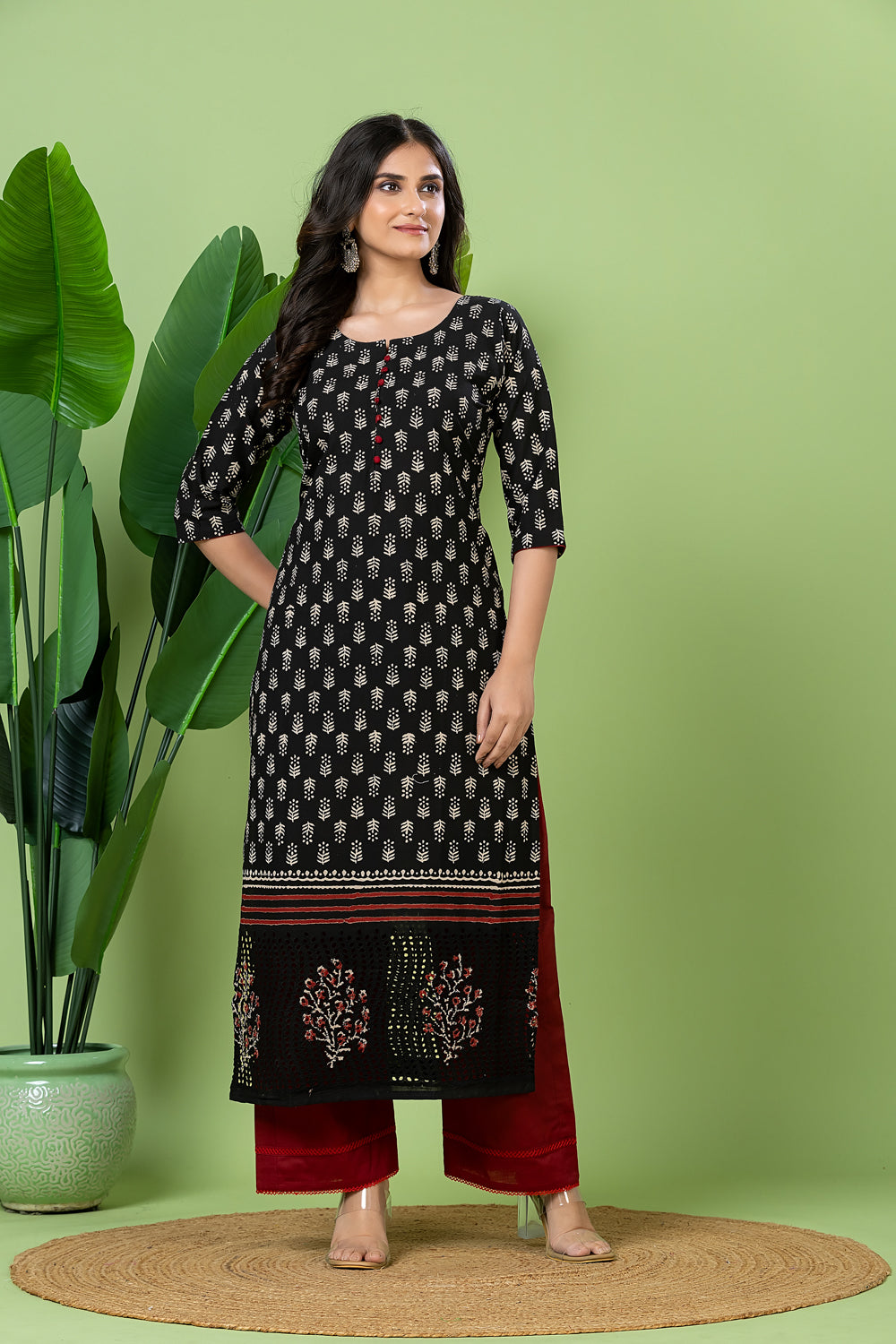 Black Floral Print Schiffli Kurta