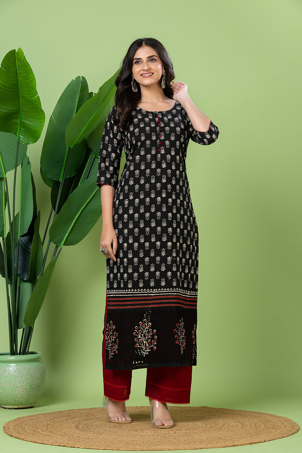 Black Floral Print Schiffli Kurta
