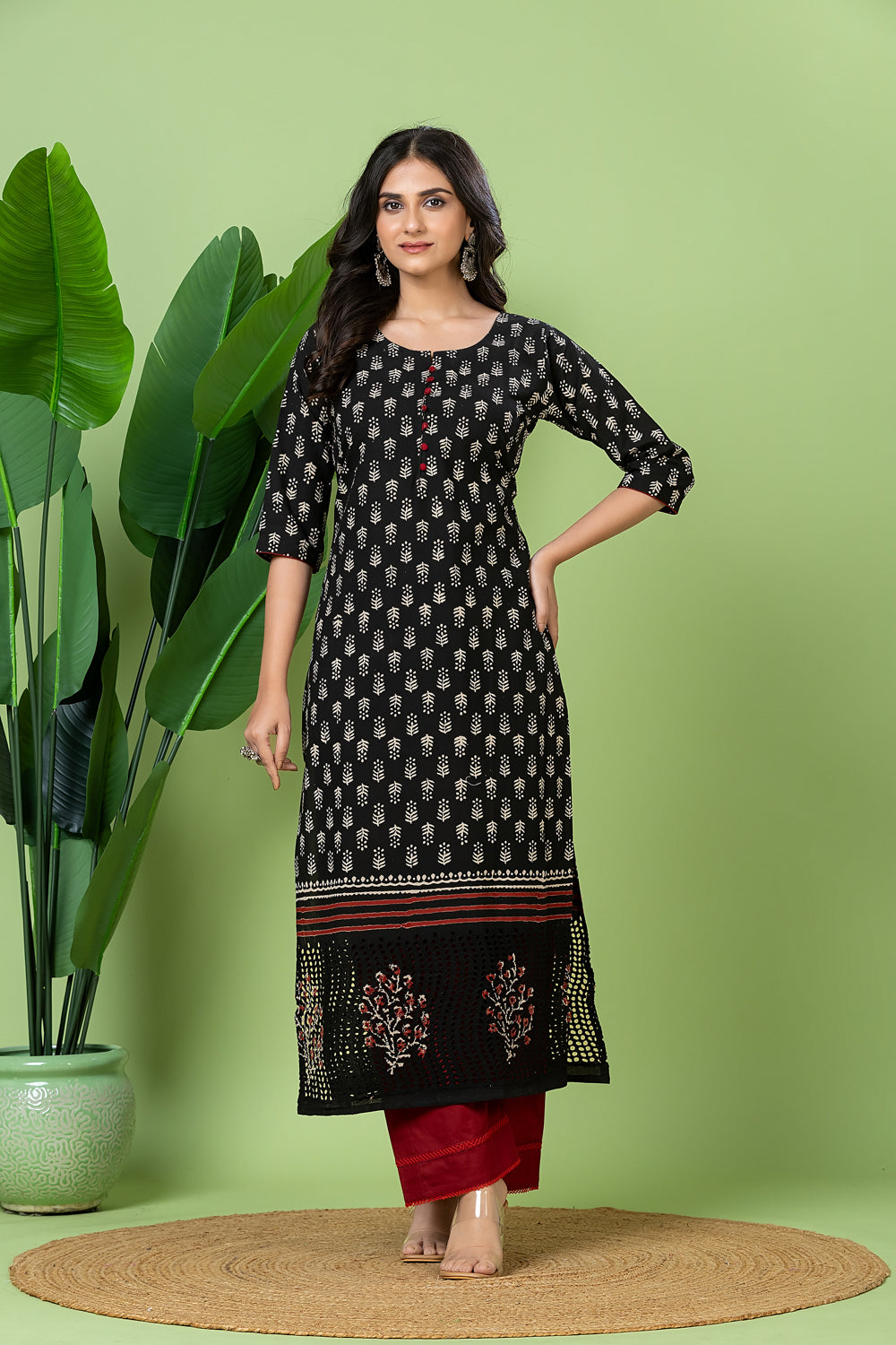 Black Floral Print Schiffli Kurta