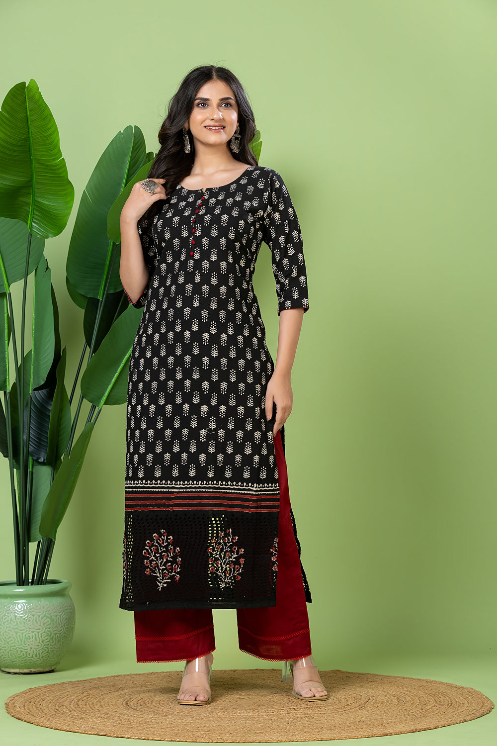 Black Floral Print Schiffli Kurta