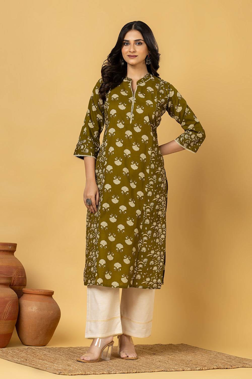 Olive Green Mix & Match Floral Print Straight Kurta