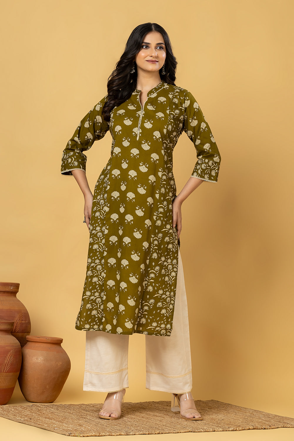 Olive Green Mix & Match Floral Print Straight Kurta