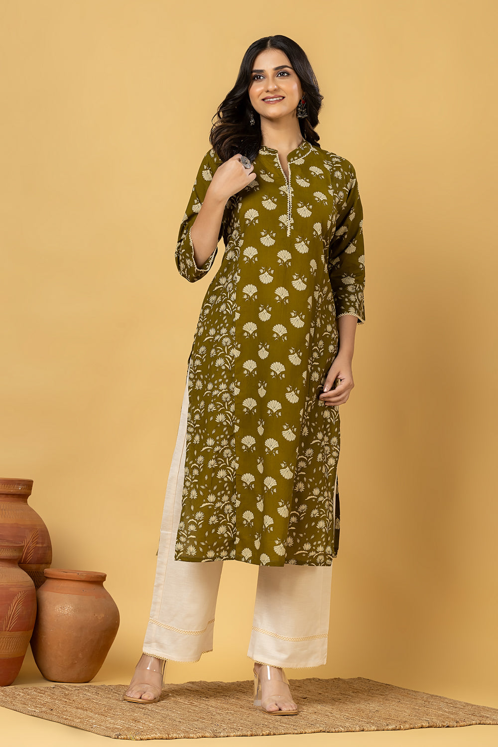 Olive Green Mix & Match Floral Print Straight Kurta