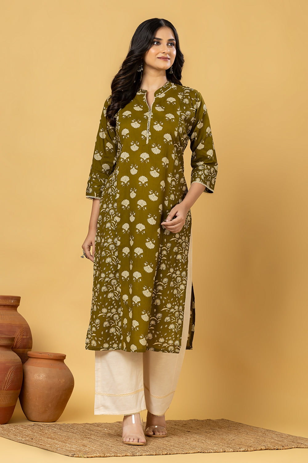 Olive Green Mix & Match Floral Print Straight Kurta