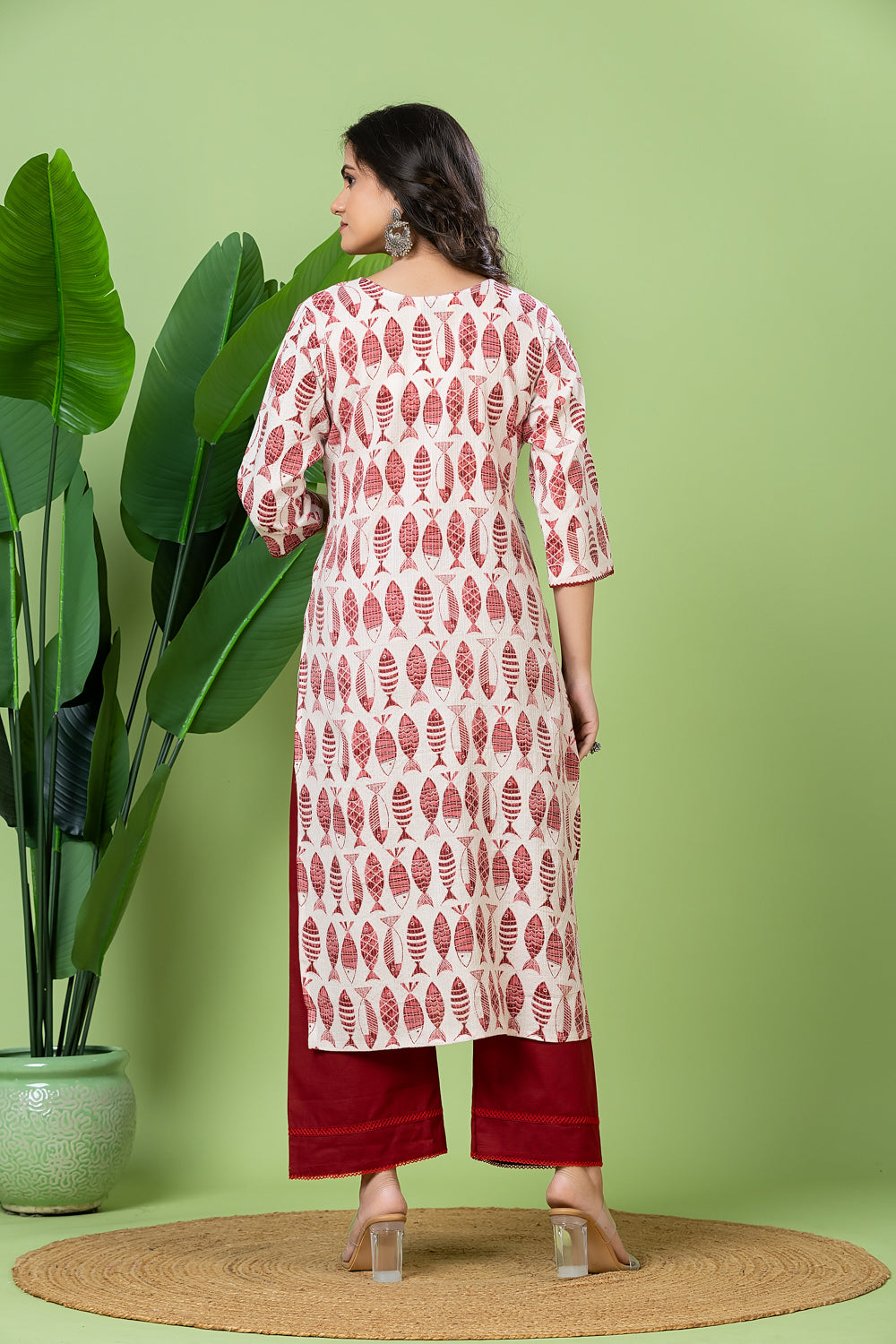 White & Maroon Fish Print Threadwork Kurta