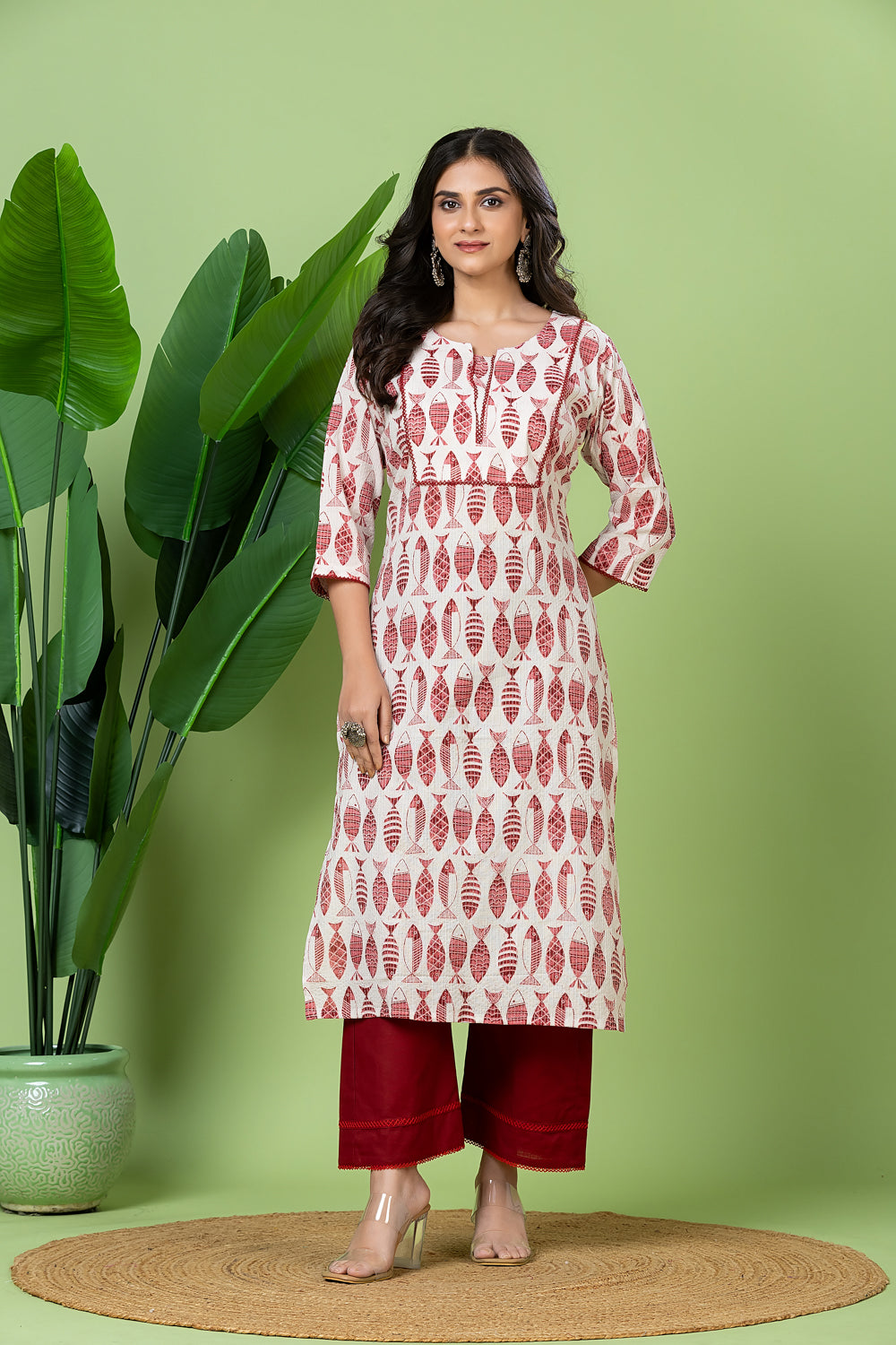 White & Maroon Fish Print Threadwork Kurta