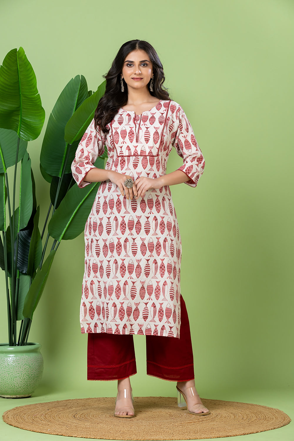 White & Maroon Fish Print Threadwork Kurta