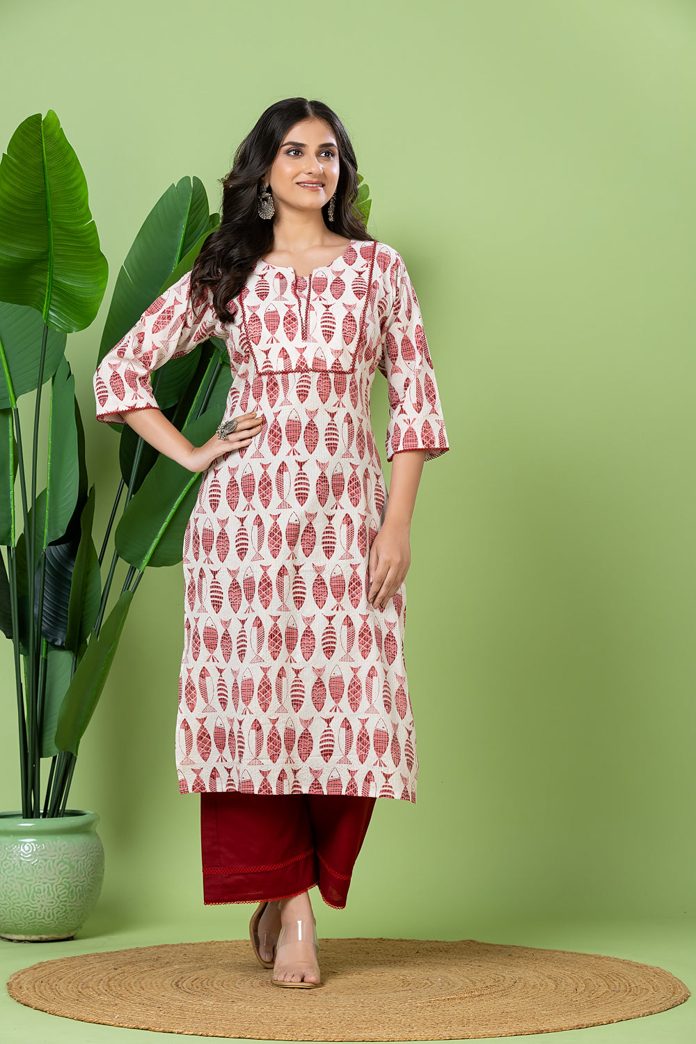 White & Maroon Fish Print Threadwork Kurta