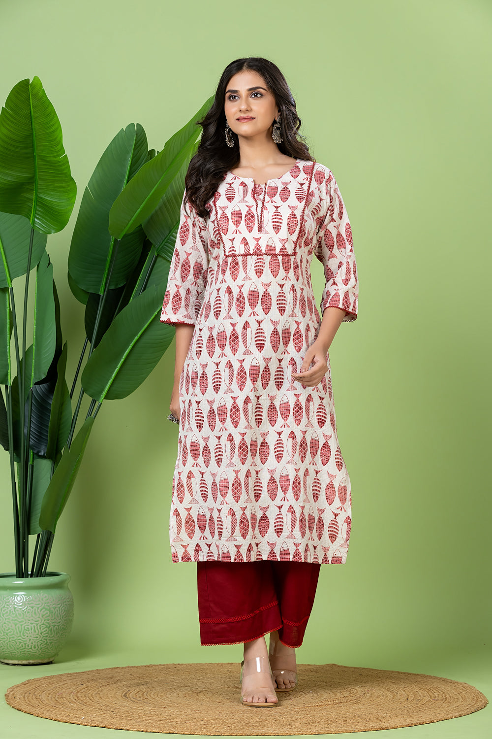 White & Maroon Fish Print Threadwork Kurta
