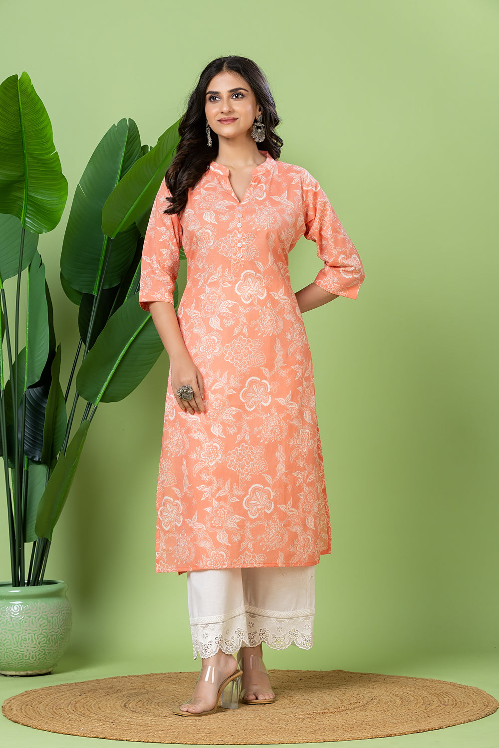 Orange Floral Print Kurta