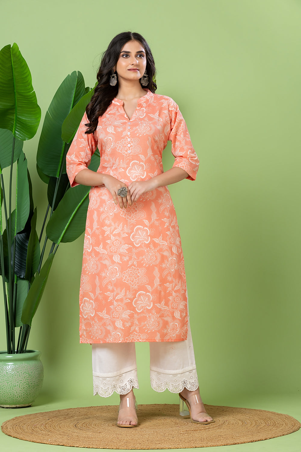 Orange Floral Print Kurta