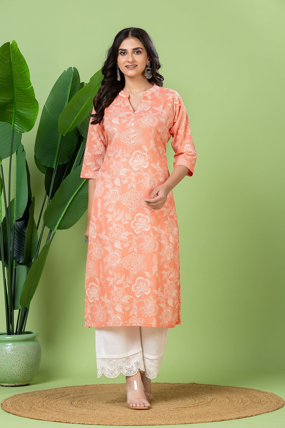 Orange Floral Print Kurta