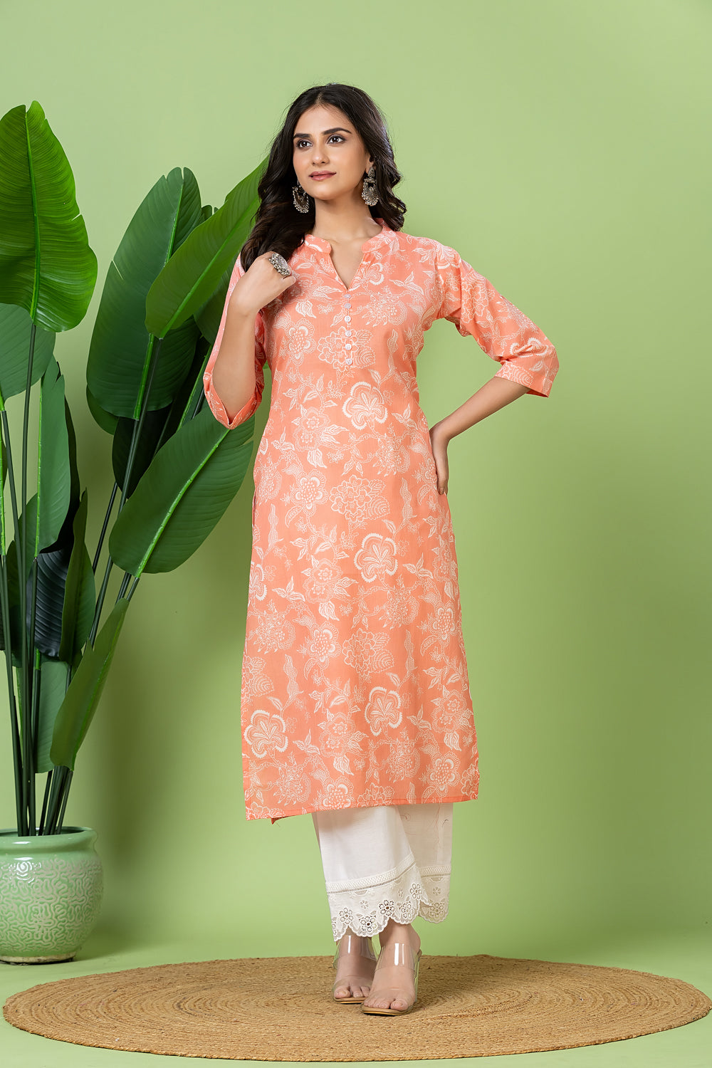 Orange Floral Print Kurta