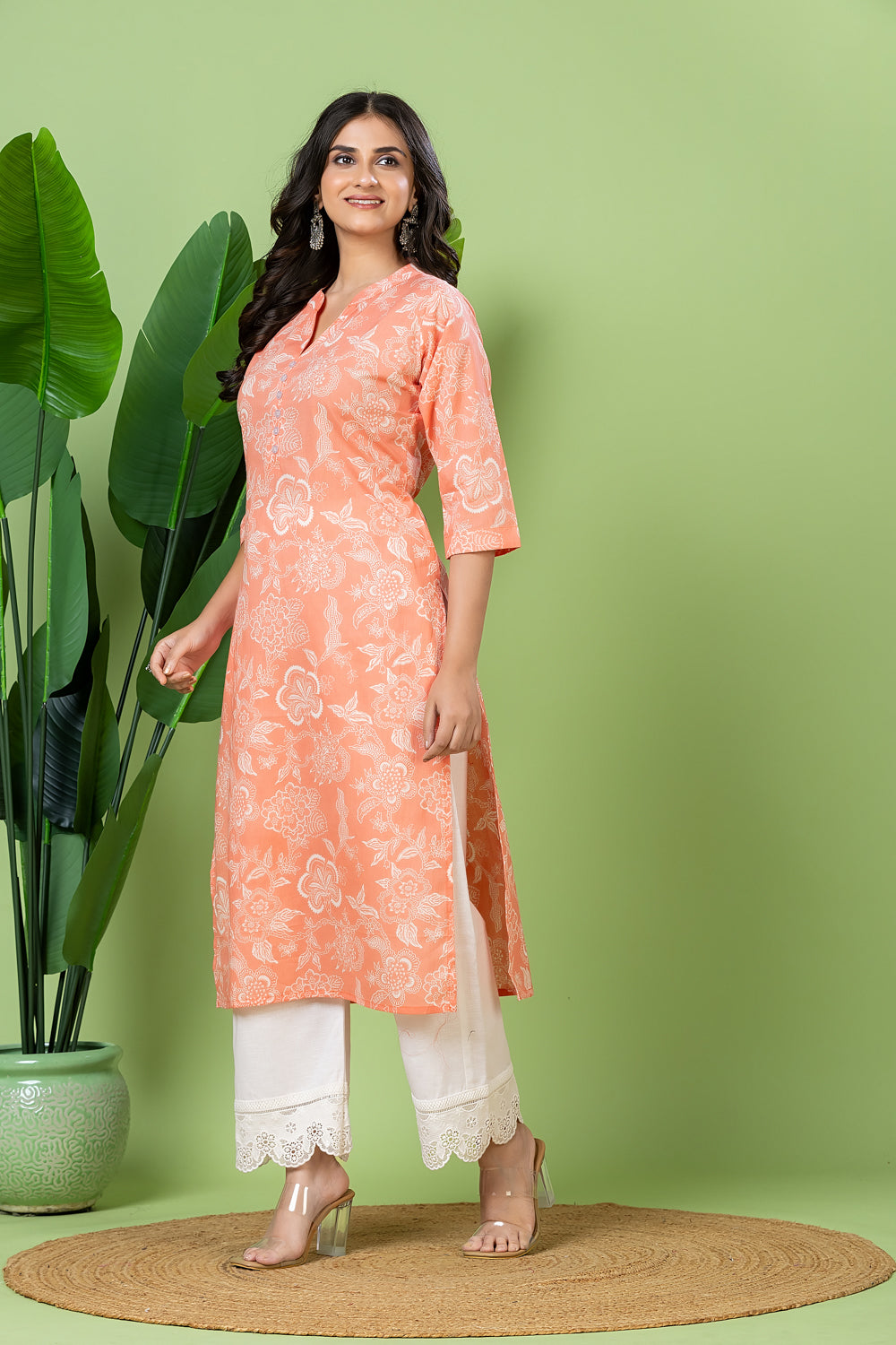 Orange Floral Print Kurta