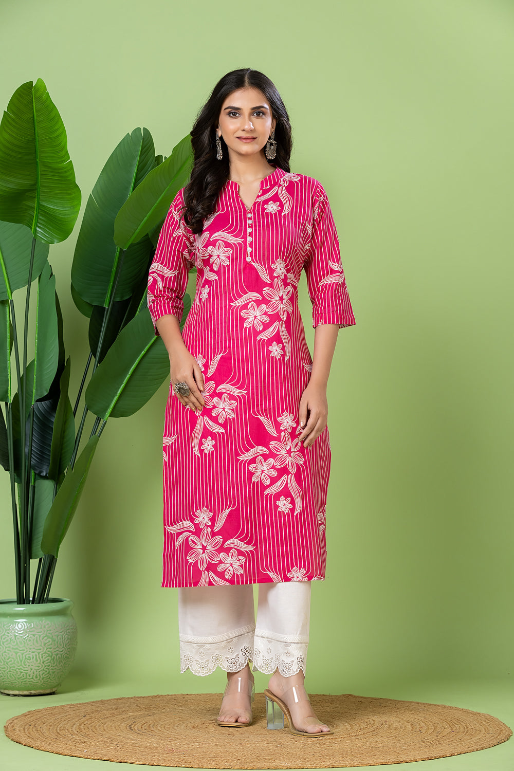 Magenta Pink Floral Print Kurta