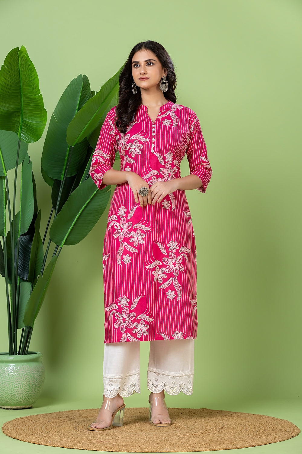 Magenta Pink Floral Print Kurta