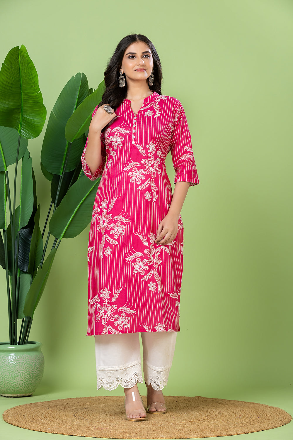 Magenta Pink Floral Print Kurta