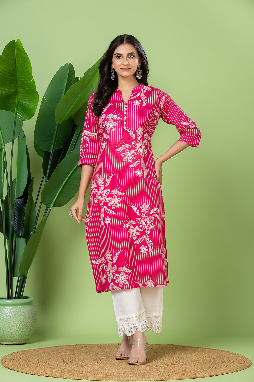 Magenta Pink Floral Print Kurta