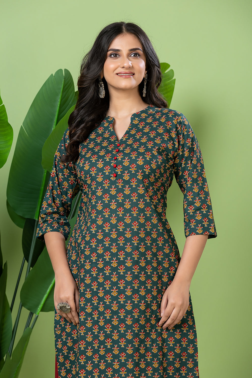 Teal Blue & Red Floral Print Kurta