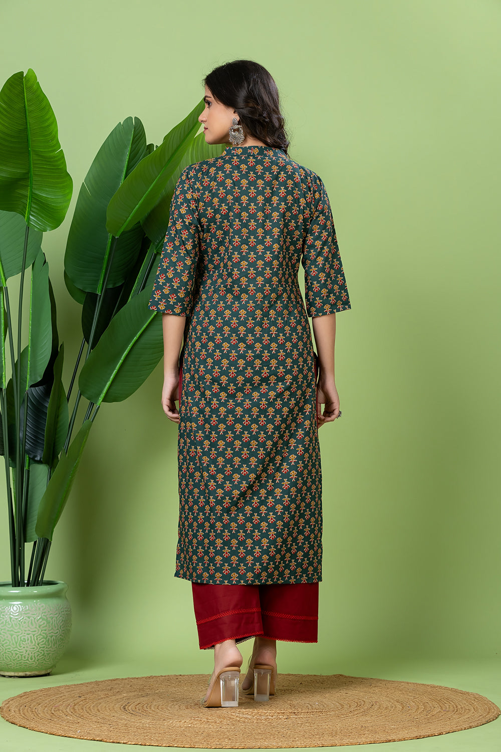 Teal Blue & Red Floral Print Kurta