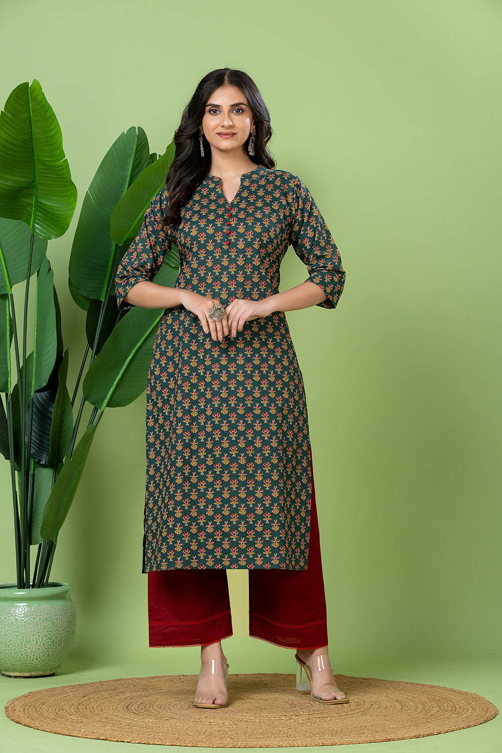 Teal Blue & Red Floral Print Kurta