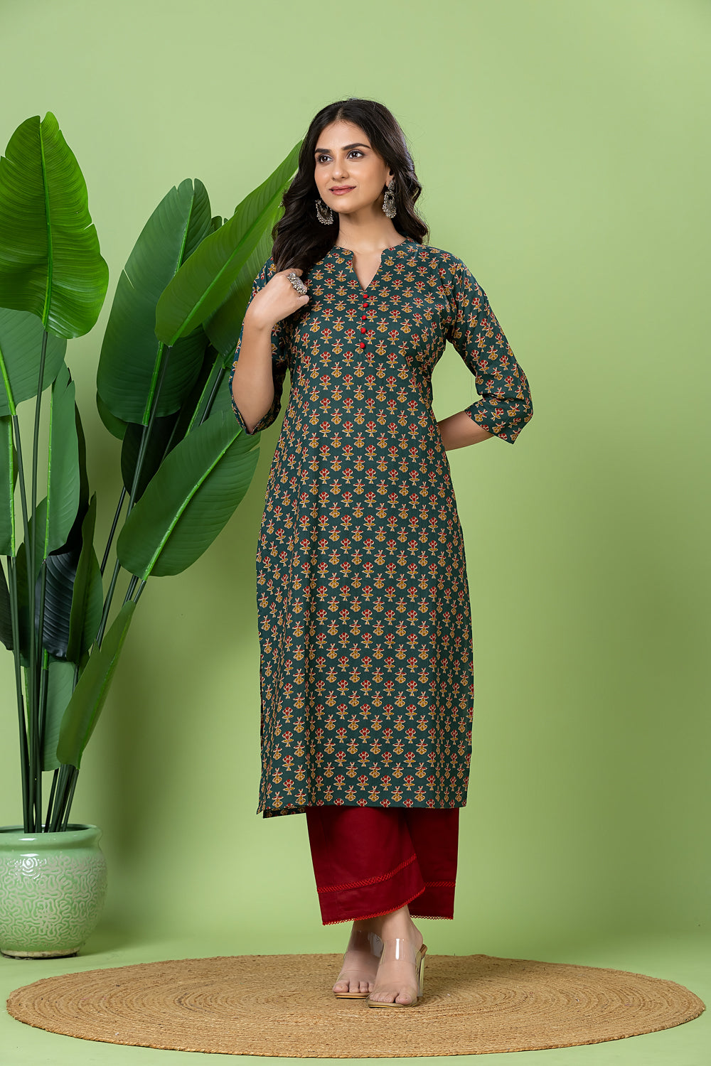 Teal Blue & Red Floral Print Kurta
