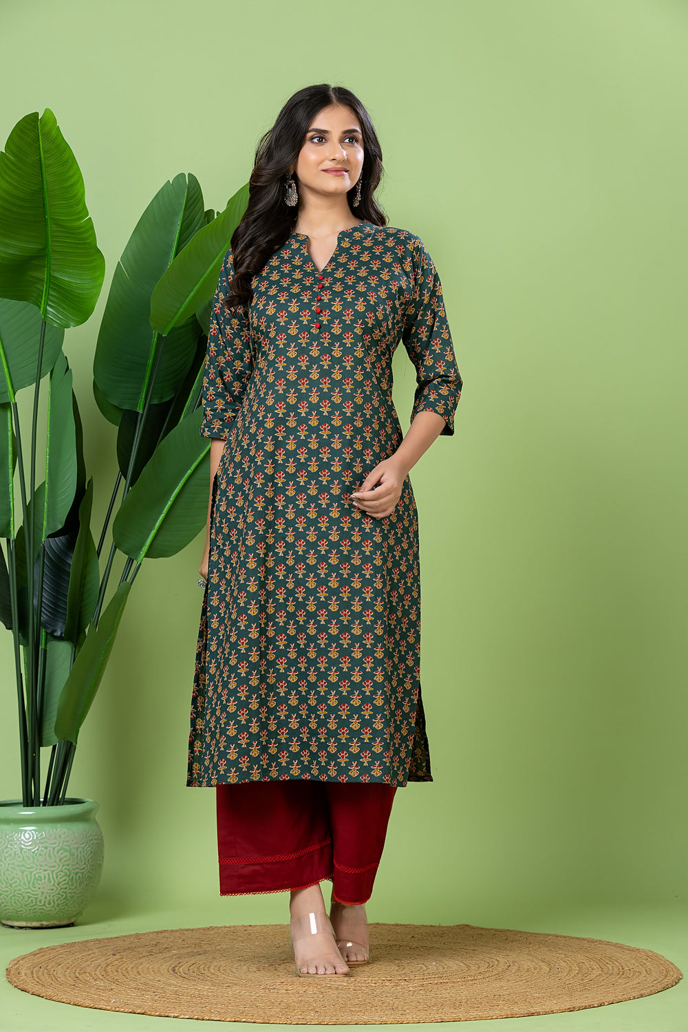 Teal Blue & Red Floral Print Kurta