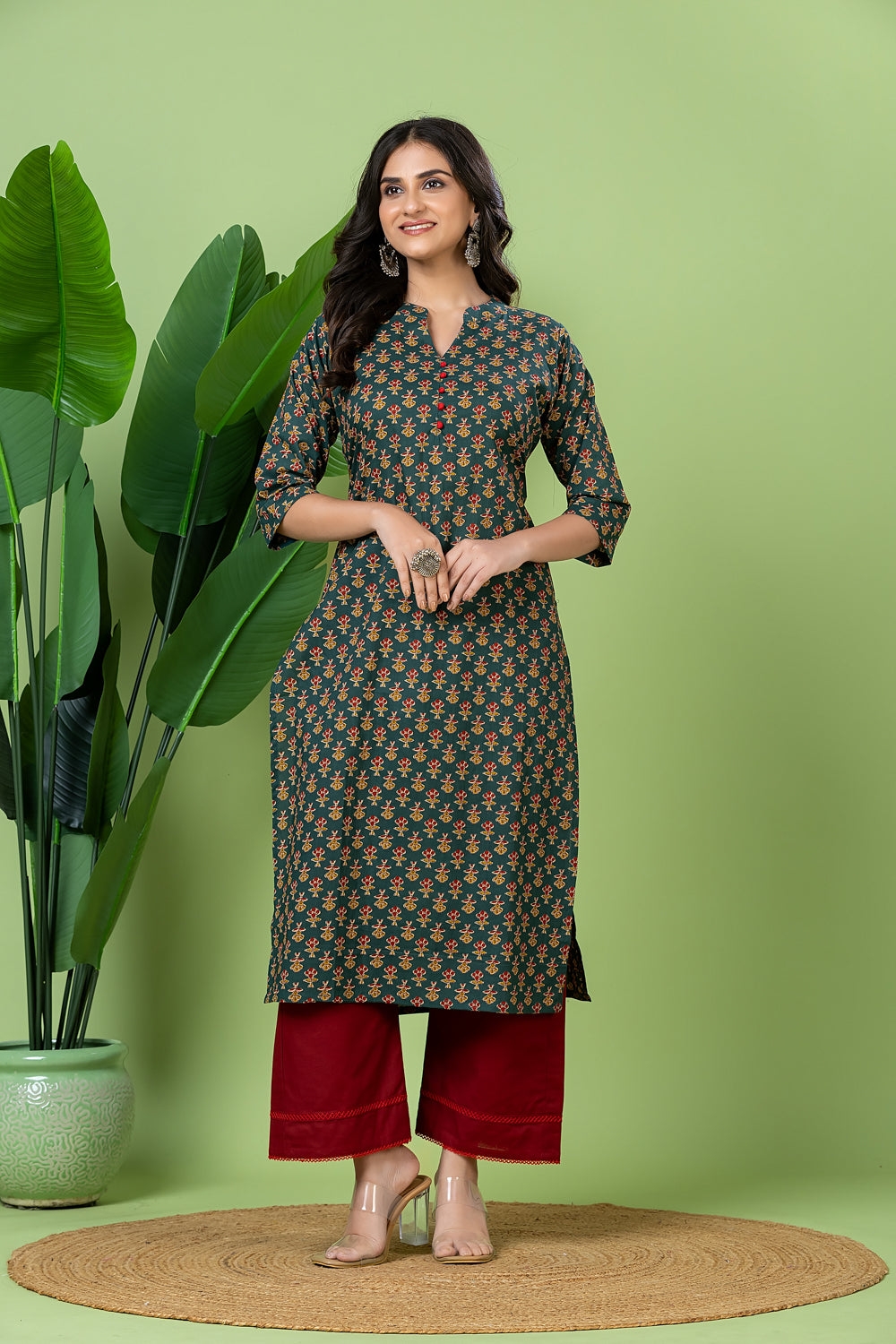 Teal Blue & Red Floral Print Kurta