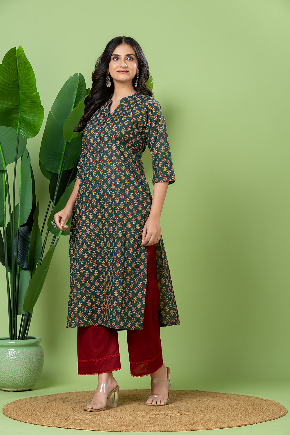 Teal Blue & Red Floral Print Kurta