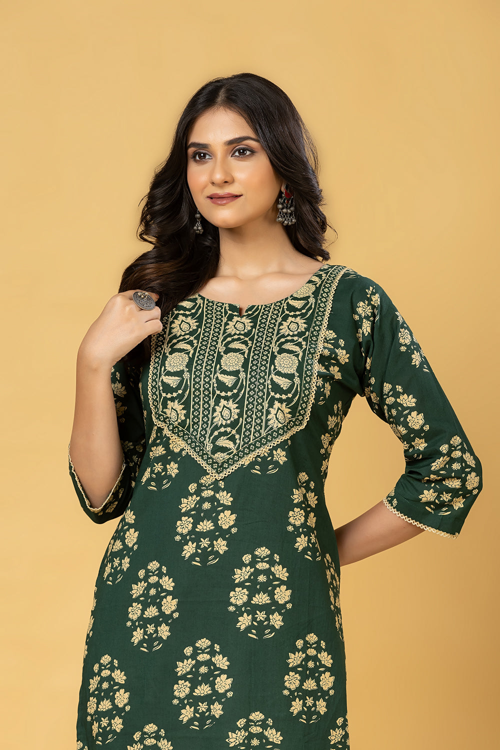 Dark Green Floral Print Kurta
