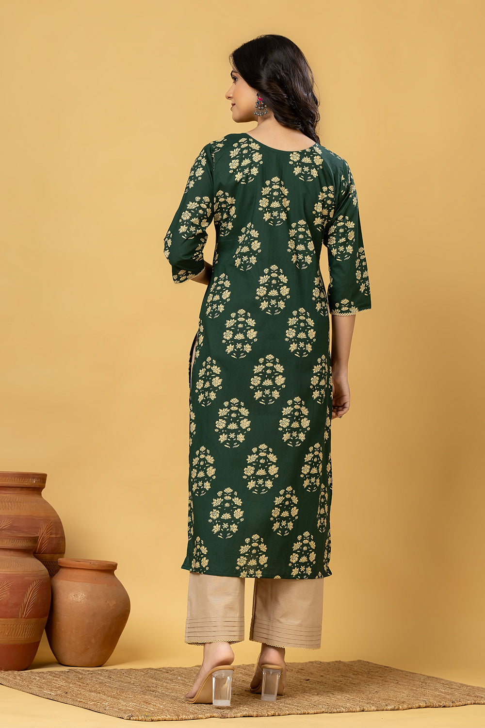 Dark Green Floral Print Kurta