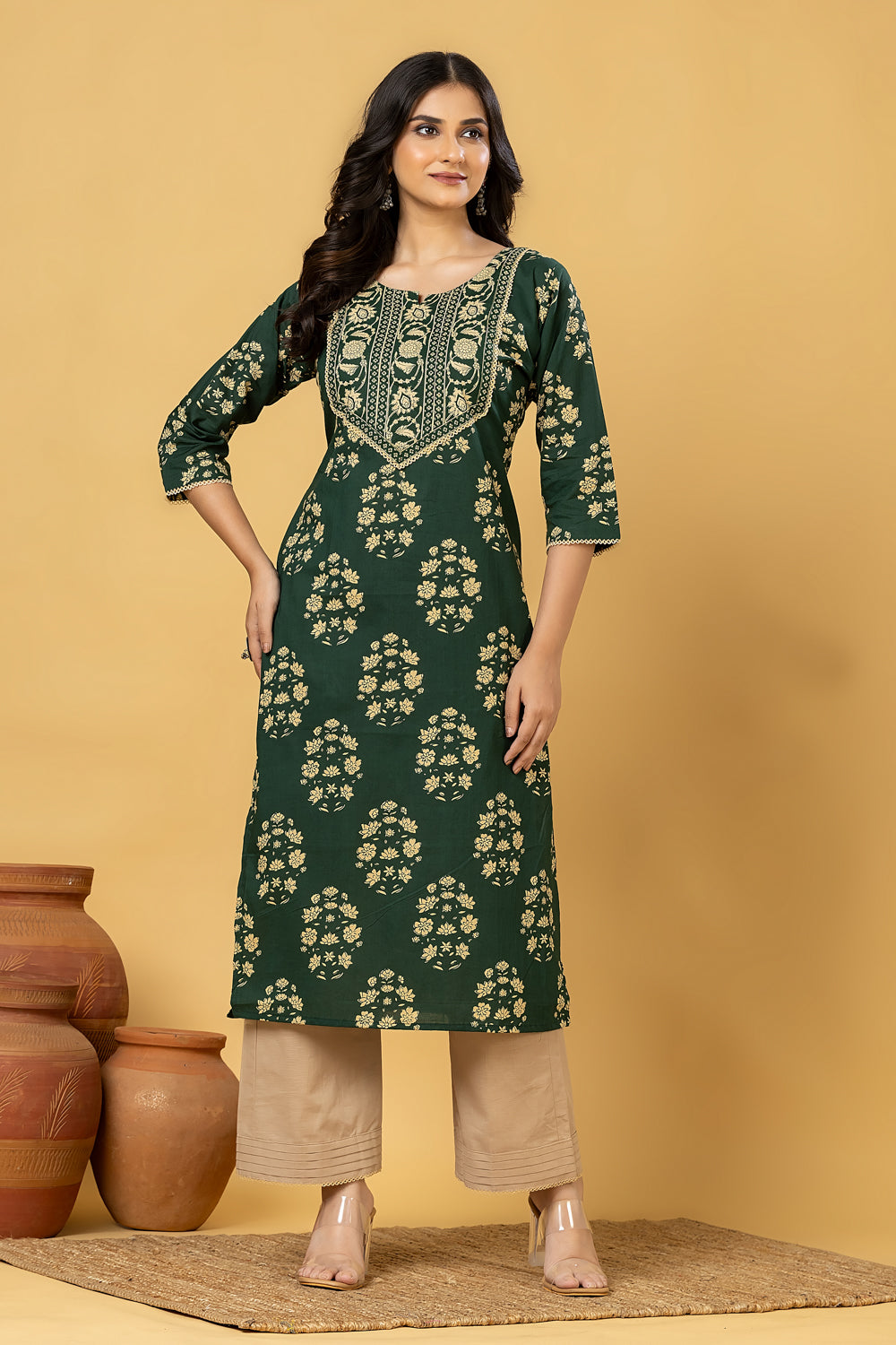 Dark Green Floral Print Kurta